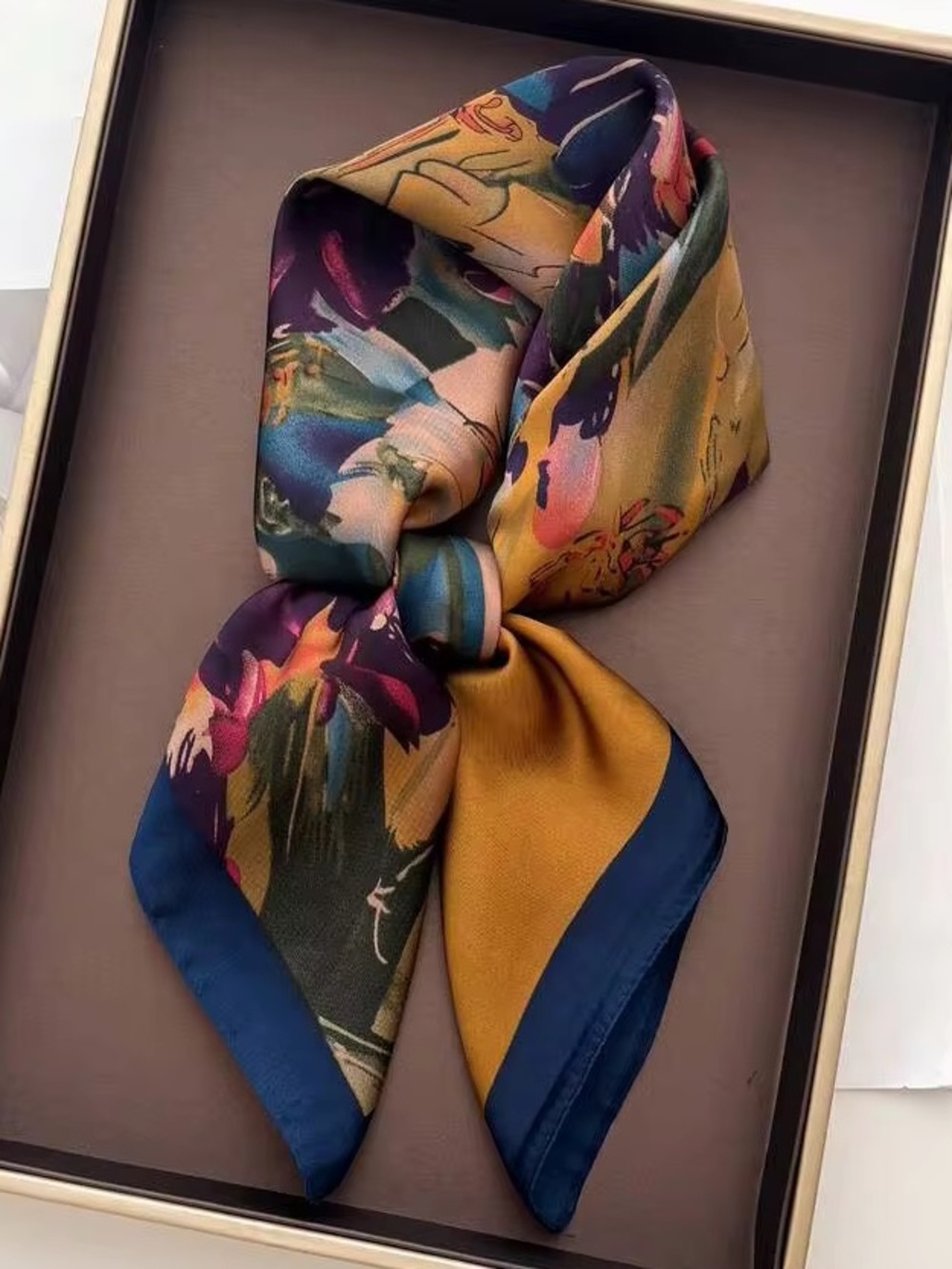Silky Satin Jewel Toned Floral Purse Bag Hair Belt Neck Tie Fall Scarf Navy Trim